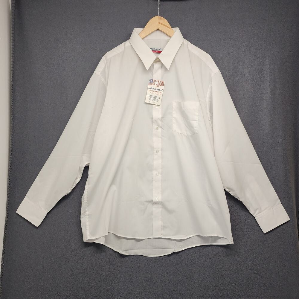 Manhattan Dress Shirt Mens 18 34/35 White Button Front Long Sleeve Made In USA